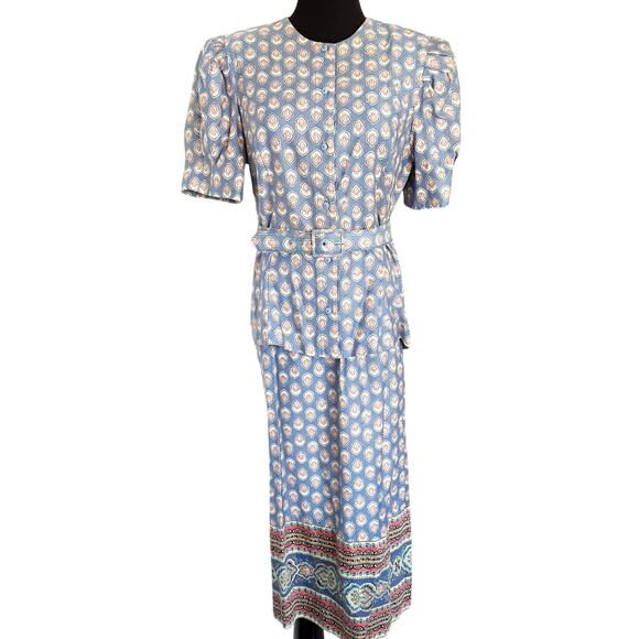 Vintage 80s Cotton Circle Skirt & Blouse Suit Set Paisley Border Print Pockets - Picture 1 of 16